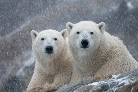 Two polar bears are seen resting close to each other on rocky ground. Snow falls heavily around them, creating a serene yet harsh atmosphere in their cold environment.の素材