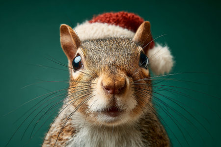 A cute squirrel sits against a green background, sporting a small red hat with white trim. It looks curious and playful, creating a cheerful atmosphere perfect for the holidays.の素材