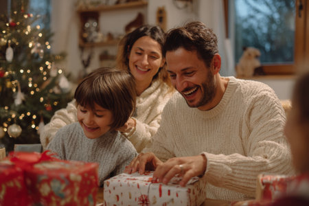A family gathers in a cozy living room decorated for Christmas, exchanging gifts with smiles and laughter. The atmosphere is warm and festive, filled with joy and excitement.の素材