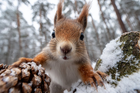 A curious squirrel approaches the camera while foraging in a snowy forest. Pine trees surround it, and snow covers the ground, creating a serene winter scene.の素材