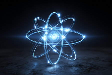 A stylized atom with luminous electrons is depicted in a dark environment. The glowing blue lines illustrate atomic structure, suggesting movement and energy.の素材