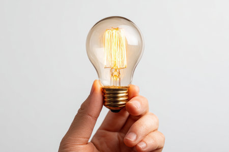 A hand tightly grips a clear light bulb glowing softly. The design features visible filaments and a warm light, highlighting the charm of vintage lighting in a modern setup.の素材