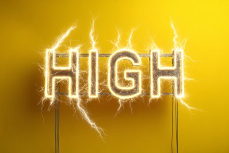 A vibrant neon sign displays the word high in bold letters, illuminated by bright lights, surrounded by electric sparks against a yellow backdrop, creating a striking visual effect.の素材