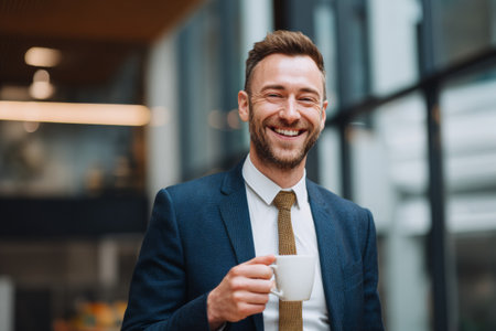 A young man in a suit smiles while holding a cup of coffee. He stands in a bright office with large windows, enjoying a moment of relaxation during his busy day.の素材