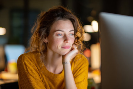 A young woman sits at her desk in a warm, softly lit office late in the evening. She rests her chin on her hand, gazing thoughtfully at the computer screen, immersed in her work.の素材
