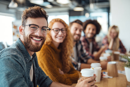 Friends gather around a table in a bright cafe, sharing coffee and smiles. The atmosphere is warm, filled with laughter and conversation among the group.の素材