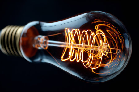 A vintage light bulb shines brightly, showing its beautiful spiral filament design. The warm light creates a cozy atmosphere in the dark setting.の素材