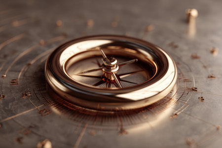 A compass lies on an intricate map, its polished surface reflecting the warm glow of the sunset. This scene evokes a sense of adventure and discovery in an outdoor setting.の素材