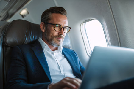 A confident businessman is focused on his laptop while seated in an airplane. Sunlight filters through the window, highlighting his professional attire and thoughtful expression.の素材
