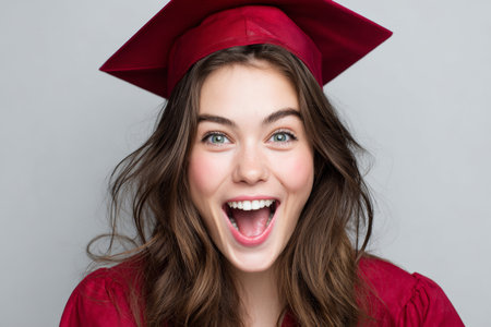 A young woman is celebrating her graduation with a wide smile. She wears a red cap and gown, showcasing her happiness on this special day. Her brown hair flows freely, reflecting joy.の素材