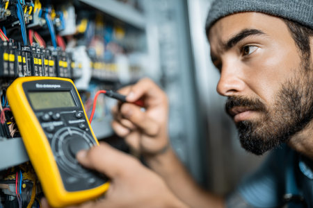A skilled electrician uses a multimeter to check circuit connections within an industrial control panel. It is a crucial maintenance task to ensure safety and functionality.の素材