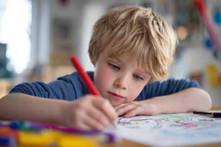 A young child with blonde hair is deeply engaged in coloring a picture with a red crayon. The classroom is bright and filled with art supplies, creating a joyful atmosphere.の素材