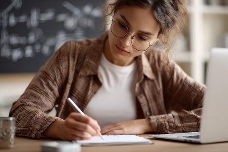 A focused young woman writes notes with a pen while studying at a wooden desk. A laptop and a chalkboard full of equations are seen in her study area.の素材