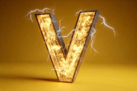 A bold letter V glows with electric energy, showcasing bright lightning bolts emanating from it. The background is a vivid yellow, enhancing the dramatic visual impact.の素材