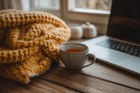 A warm cup of tea sits next to a laptop on a wooden table. A soft, yellow blanket rests nearby as sunlight streams through the window, creating a peaceful atmosphere.の素材