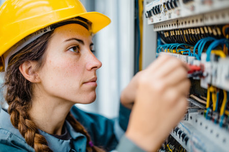 A woman wearing a hard hat works on a control panel, carefully connecting wires and ensuring everything is functioning properly. Her concentration shows dedication to her craft.の素材