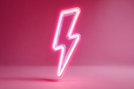 A neon lightning bolt glows brightly against a soft pink background. The striking design adds energy and boldness to any space, showcasing modern decor.の素材