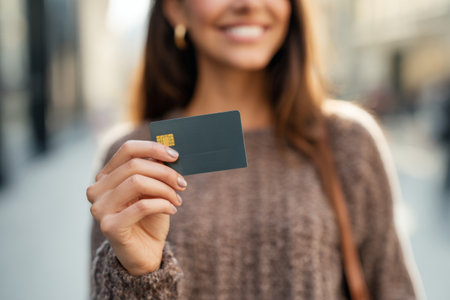 A woman with long hair smiles while holding a card in her hand. She stands on a busy street lined with buildings and pedestrians during bright daylight. Her casual sweater adds to the relaxed vibe.の素材