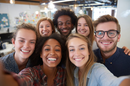 A group of seven friends smiles brightly as they take a selfie in a contemporary office. They are gathered together, showing happiness and camaraderie in a lively environment.の素材
