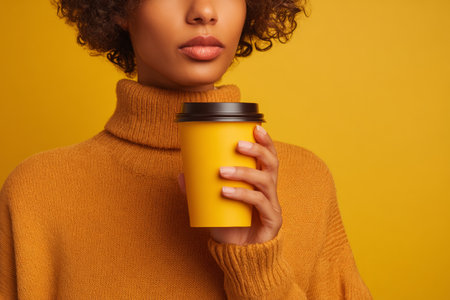 A young woman with curly hair enjoys a warm drink while wearing a soft sweater. The bright yellow background creates a cheerful atmosphere that highlights her relaxed demeanor.の素材