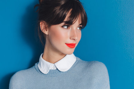 A young woman stands against a blue wall wearing a light sweater with a white collar. Her hair is styled softly, and she has bright red lipstick, creating a bold contrast.の素材