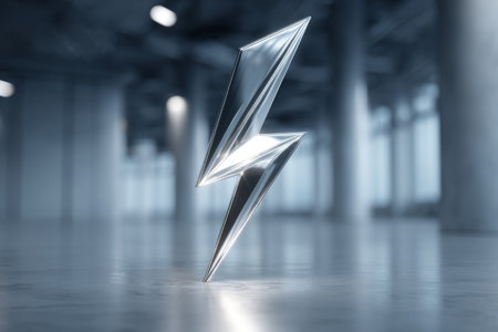 A modern silver lightning bolt sculpture is prominently displayed on a polished surface in an expansive industrial space filled with natural light. The sculptures sleek design stands out.の素材