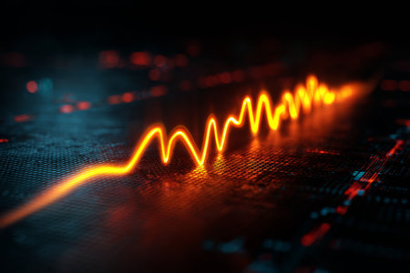 Bright orange sound waves pulse across a digital screen in a dark setting, creating a striking visual effect that showcases the energy of sound and technology.の素材