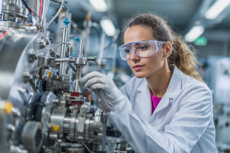 In a bright laboratory, a skilled engineer inspects machinery components, wearing safety glasses and gloves. She focuses on precise adjustments, showcasing her expertise.の素材