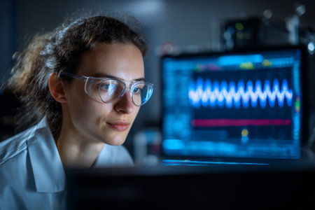 A dedicated scientist examines data on a computer screen in a dimly lit laboratory late at night. The screen displays complex waveforms and analytical readings.の素材