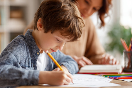 A young boy is concentrating on his drawing with a pencil, while an adult examines a book in the background. The warm indoor light creates a welcoming atmosphere.の素材