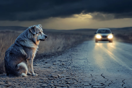 A lone dog sits on a cracked dirt road, gazing at an approaching car. The darkening sky hints at an impending storm, creating a dramatic atmosphere.の素材