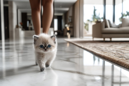 A fluffy kitten with striking blue eyes walks on polished marble floors, curiously following a person in a sleek, contemporary living room filled with natural light.の素材