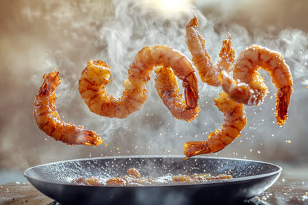 Fresh shrimp are being skillfully cooked in a hot pan, creating steam and a tantalizing aroma in a bright kitchen. The shrimp are perfectly seared and glistening.の素材