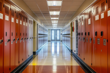 A clean and bright hallway features rows of orange lockers on both sides. Sunlight pours in through the windows, illuminating the polished floor in a school setting.の素材