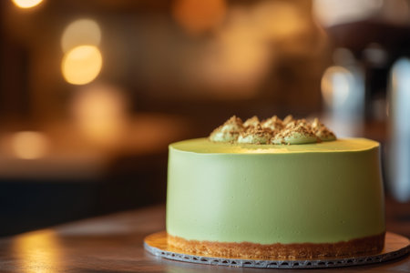A beautifully crafted green cake sits on a wooden table, adorned with nut topping. The warm, inviting atmosphere of the cafe enhances the dessert's charm during evening hours.の素材