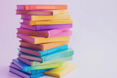 A stack of books in bright colors, including pink, orange, yellow, green, and blue, is arranged artistically on a light background, creating a cheerful and inviting atmosphere.の素材