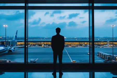 A business traveler stands silhouetted against a large airport window, gazing at the busy tarmac filled with planes and cargo as dawn breaks in the sky.の素材