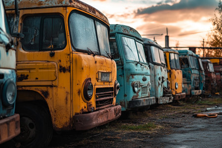 Old trucks in various colors are parked in a rundown yard, showcasing peeling paint and rust. The sun sets behind them, casting a warm glow over the scene.の素材