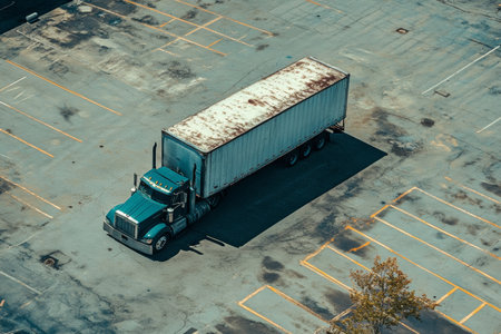 A blue semi-truck is parked in a vacant industrial lot with faded parking lines. The sunlight highlights the truck's weathered exterior against a clear sky.の素材