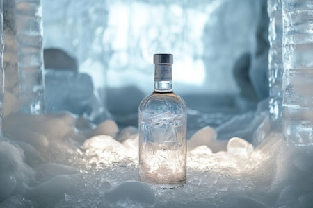 A bottle of vodka is prominently displayed within a creative ice installation, surrounded by shimmering ice formations, highlighting the elegance of winter art at a seasonal event.の素材