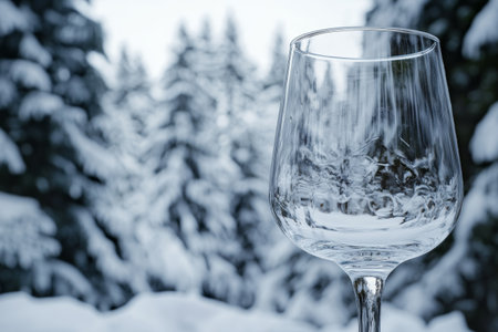 A clear glass stands prominently with a blurred snowy forest in the background, showing the beauty of nature during winter. The delicate glass captures the chilly atmosphere.の素材