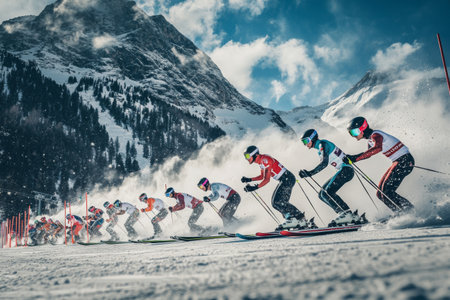 Athletes prepare at the starting line for a ski race against the backdrop of majestic mountains and winter scenery. Snow flies as they focus on the race ahead.の素材