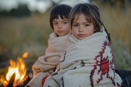 Two children wrapped in cozy blankets sit together by a warm fire, surrounded by nature. They enjoy the glow and comfort on a cool evening, creating sweet memories.の素材