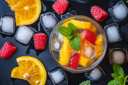 Vibrant cocktails are adorned with slices of orange, fresh raspberries, and mint leaves. Ice cubes add a chill, enhancing the refreshing summer atmosphere, perfect for gatherings.の素材