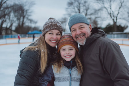 A cheerful mother, father, and daughter smile widely while enjoying a winter day at an outdoor skating rink surrounded by snow. The family shares a joyful moment on the ice.の素材