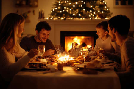 Family members enjoy a delightful dinner by a blazing fireplace, surrounded by delicious food and festive decorations. The atmosphere is warm and cheerful, perfect for bonding.の素材