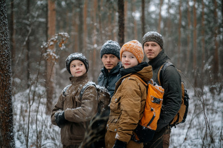 Four family members pose together in a snowy forest, dressed warmly for the cold weather. Their smiles reflect joy during this winter outing in the serene woodland.の素材