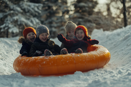 Four children in warm clothing joyfully sled down a snowy hill on an orange inflatable. The winter landscape surrounds them with trees and soft sunlight.の素材