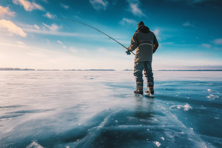 A solitary fisherman casts his rod on a frozen lake, surrounded by an expansive icy landscape. The tranquil scene captures the beauty of winter fishing at dawn, with a vibrant sky above.の素材