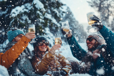 A group of friends raises their glasses in celebration amidst falling snow in the mountains. They share joy and warmth, wrapped in winter clothing as they embrace the winter vibes.の素材